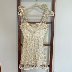 Lucy in the Sky Shimmer Yellow Floral Mini Dress in White